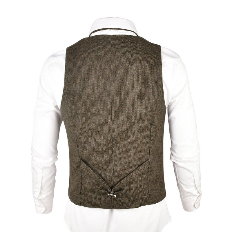 VOBOOM Mens Herringbone Tailored Collar Waistcoat Fullback Wool Tweed Suit Vest (Khaki, X-Large) - Image 3